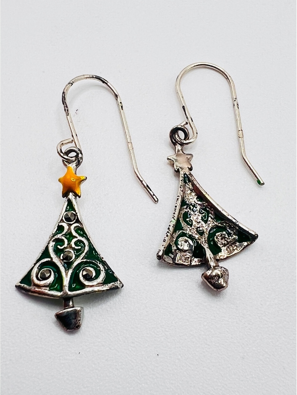 925 Sterling Silver Green Enamel Christmas Tree Dangle Earrings Holiday